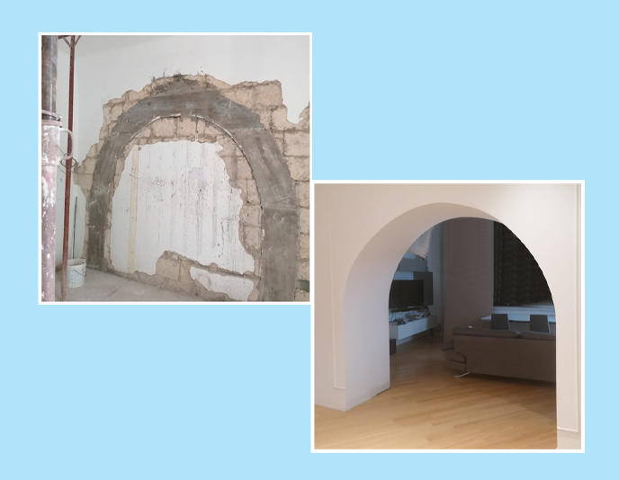 Cerchiatura in cemento armato a forma di arco, e rifiniture